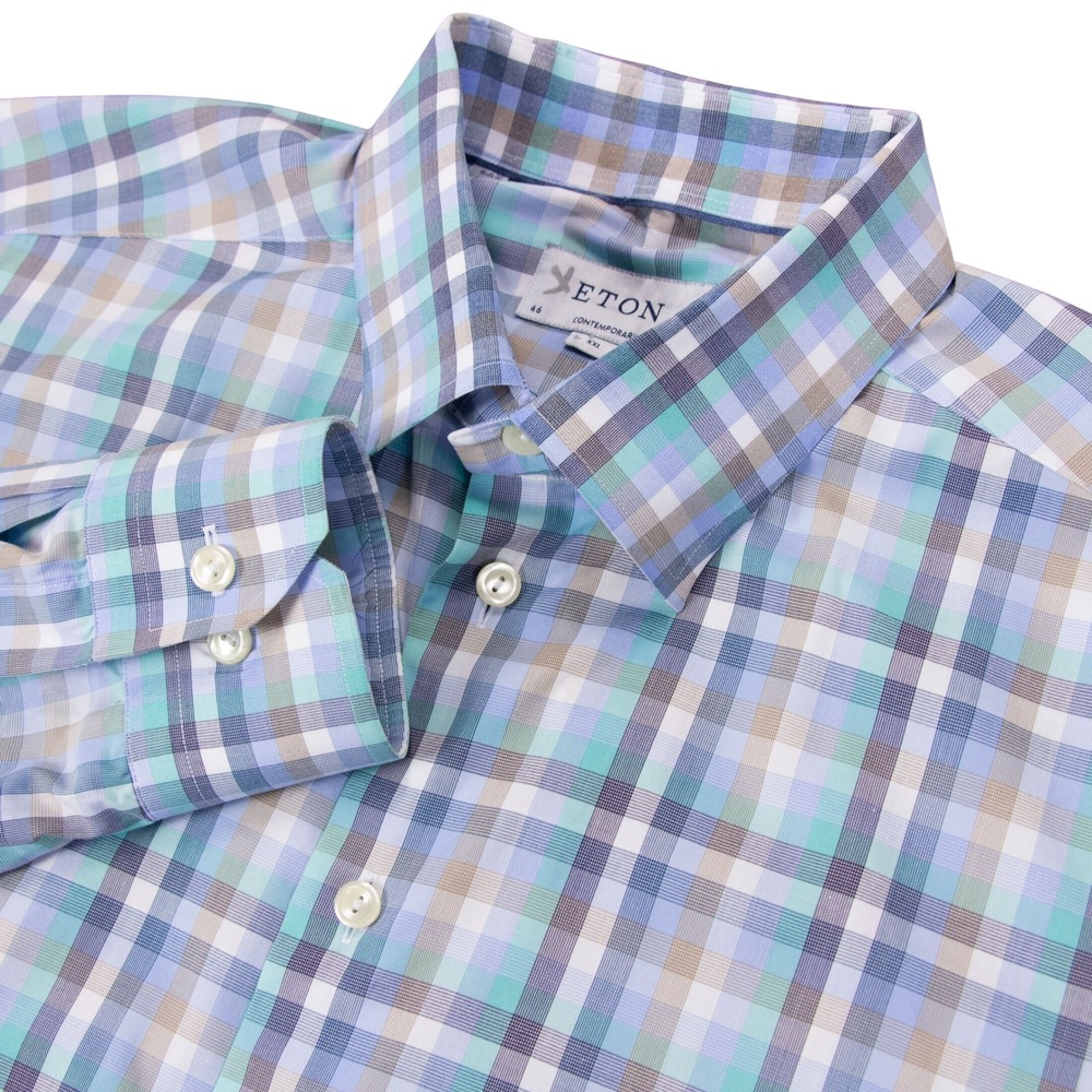 Eton Contemporary Fit Shirt Mens 2XL‎ Green Blue Plaid Long Sleeve